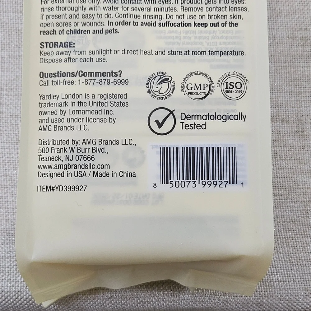 Yardley London On the Go Wipes 3pk 24ct Aloe‎ Vera Chamomile Vit-E Travel Size